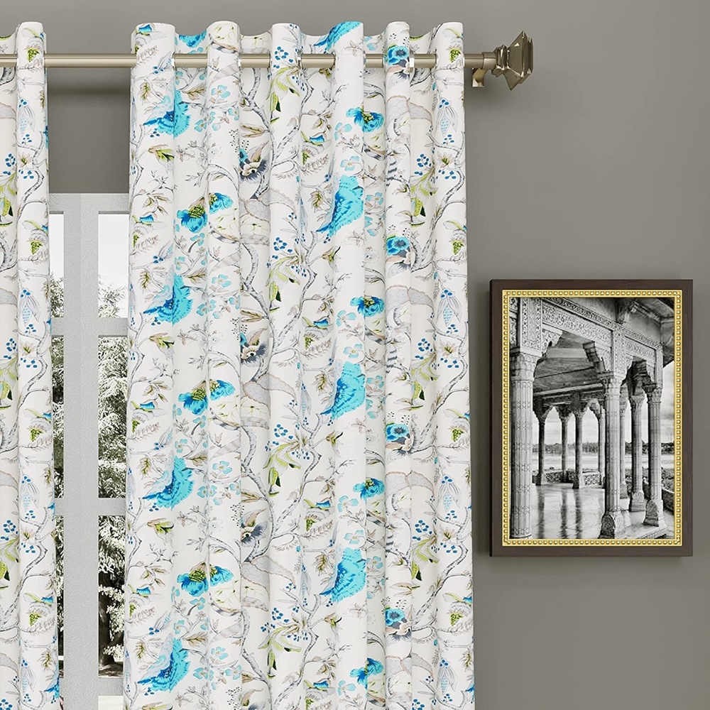 Cotton Linen Curtains- Blue Floral Botanical Design- 84" L. Pair